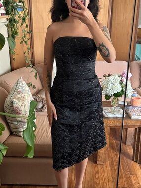 Jessica McClintock Black Strapless Embroidered Midi Dress